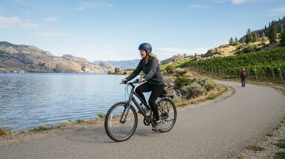Cyclists riding an e-bike wine tour route along Okanagan Lake near Kelowna in late spring
