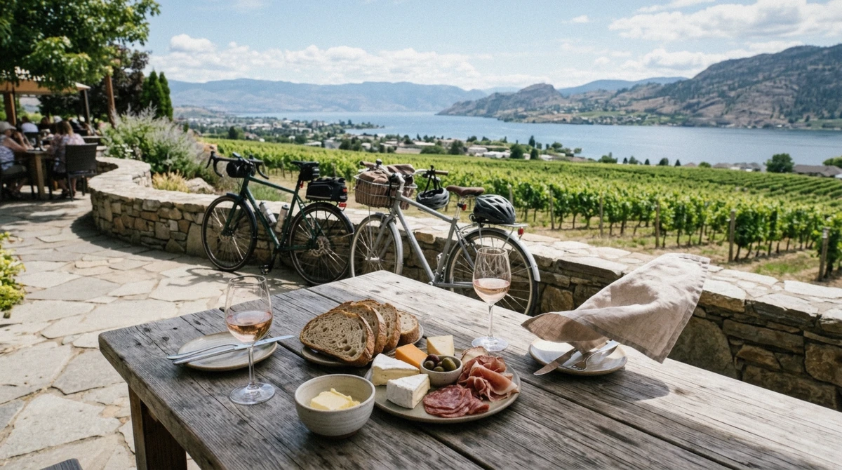Farm-to-table lunch served on a winery patio during a Kelowna guided or self-guided e-bike wine tour