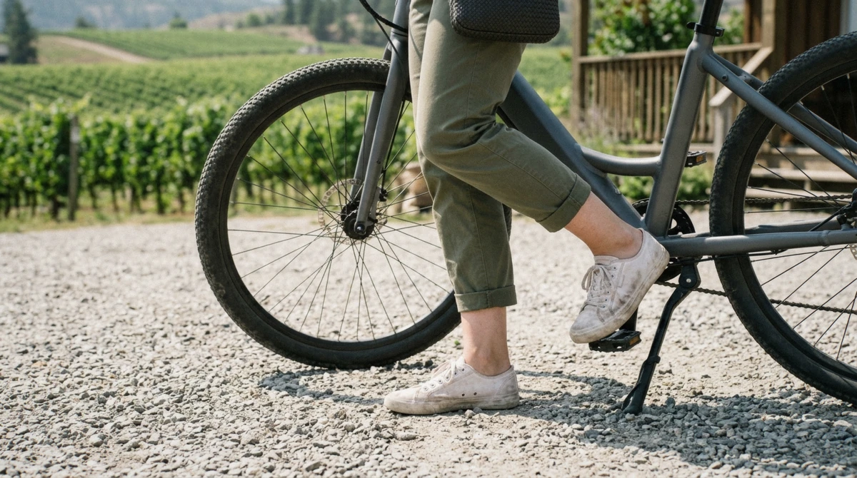 Rider in white sneakers and olive chinos stepping off an e-bike at a winery, dressed for what to wear on a wine tour in Kelowna by bike