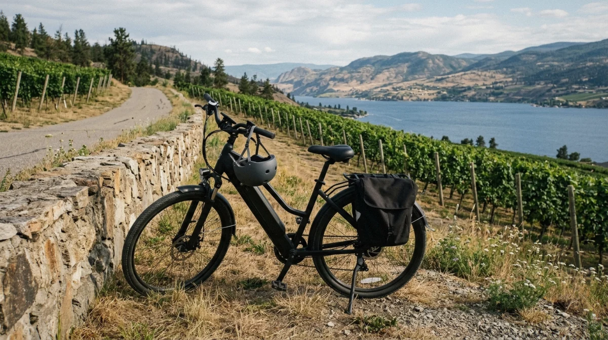 E-bike with a pannier parked by a stone wall above hillside vines and Okanagan Lake, on a ride between Kelowna wineries